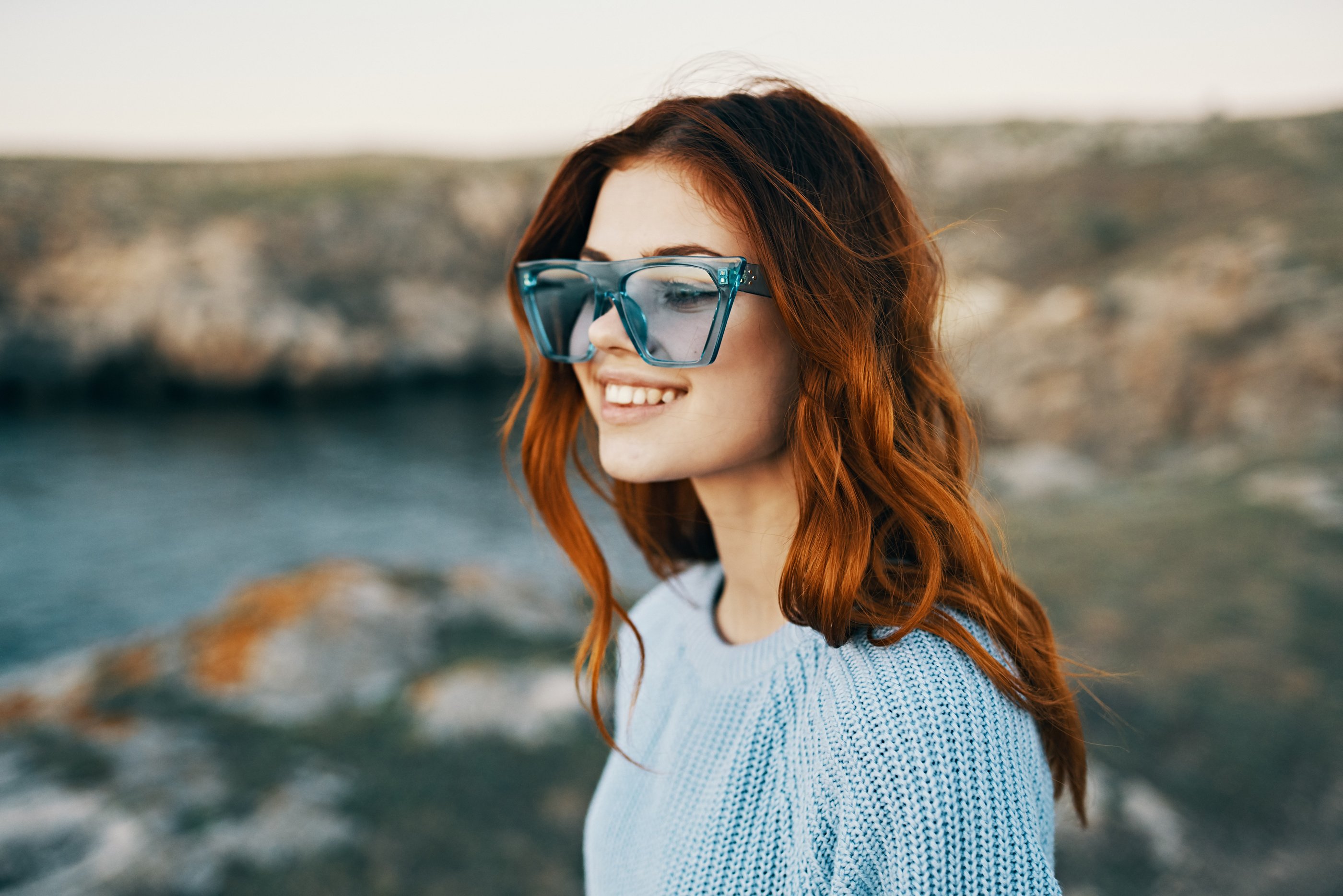 Cheerful Pretty Woman in Blue Glasses Outdoors Travel Luxury